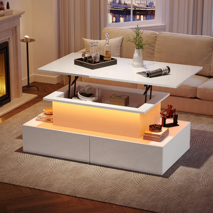 Salontafel – Moderne Tafel – Witte Hoogglans Tafel – Uitschuifbare Tafel – Met LED-Verlichting – Vier Lades – Geruisloos Uittreksysteem