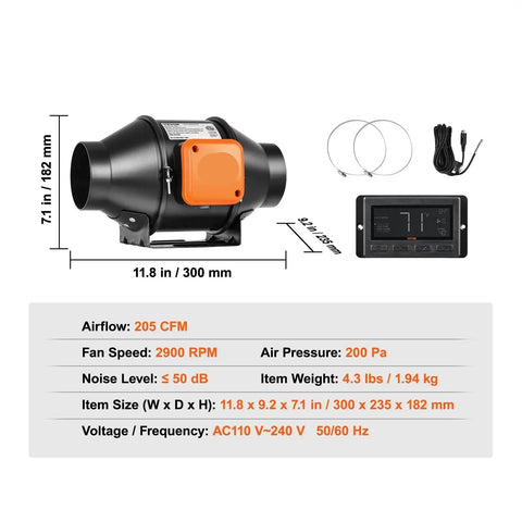 Buisventilator - Inline Kanaalventilator - Fan - Afzuig Ventilator - met temperatuur-vochtigheidsregelaar - Uitlaatventilator - voor thuisbadkamer - EC 4Inch