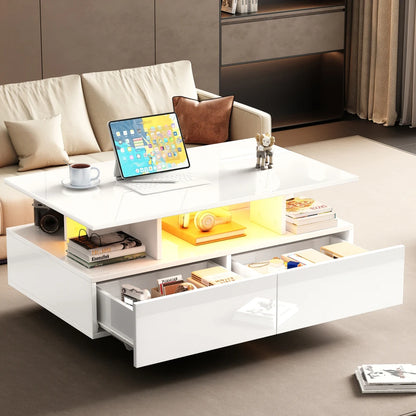 Salontafel – Koffietafel – Tafel – Theetafel – Bijzettafel – Hoogglans Wit – LED-verlichting en 2 Laden – 90x55x41 cm – Belastbaar tot 30 kg