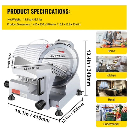 Vleessnijmachine - Vleessnijder - Snijmachine - Broodsnijmachine - Elektrische - 10 Inch Roestvrijstalen Mes - Allessnijder - Ingebouwde Slijpsteen – Instelbare Snijdikte 0-12 mm – Perfect voor Deli en Thuisgebruik