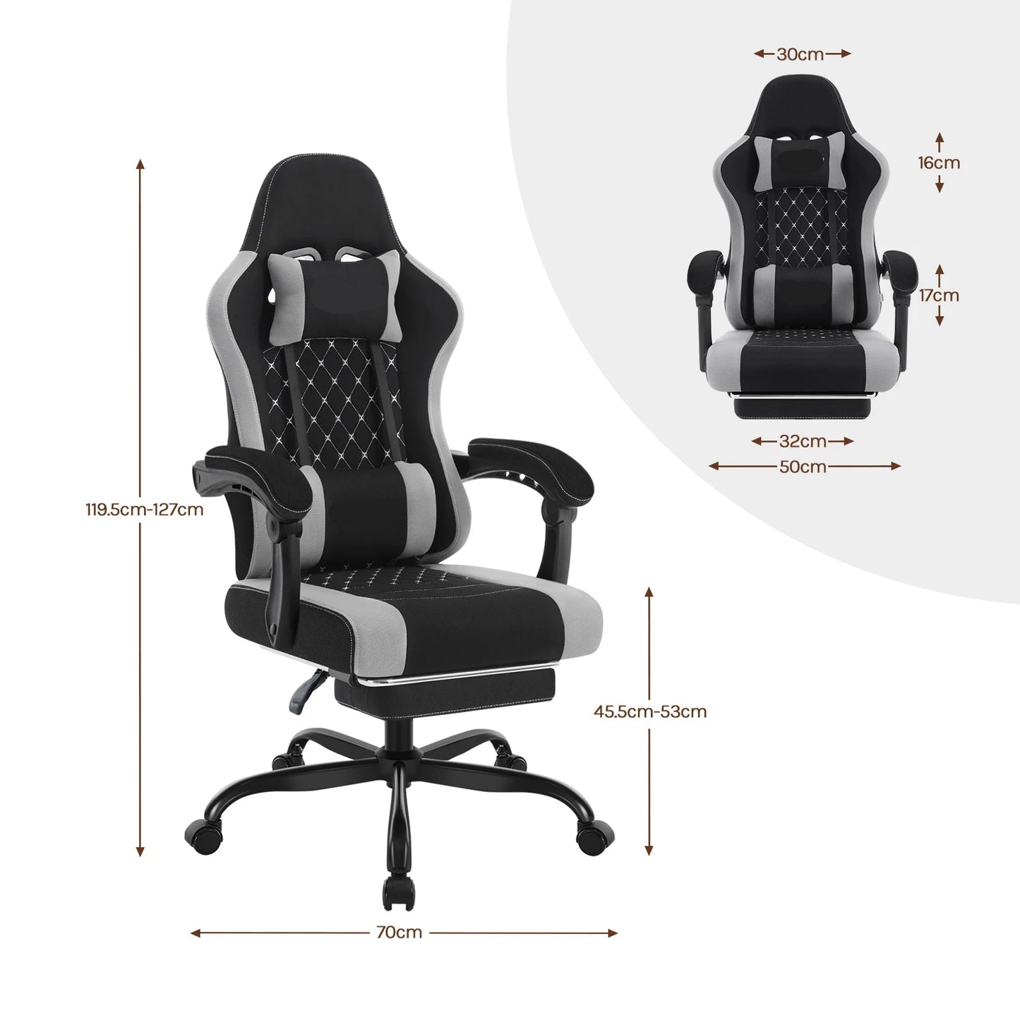 Gaming Stoel - Massage Gaming Stoel - Bureaustoel - Swivel Stoel - met Voetsteun - Hoofdsteun - Verstelbare - Rugleuning - Lendenkussen - Ergonomische - Draaibare - 70 x 70 x 127 cm - Zwart & Grijs