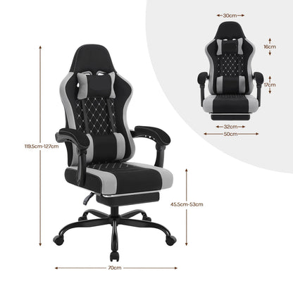 Gaming Stoel - Massage Gaming Stoel - Bureaustoel - Swivel Stoel - met Voetsteun - Hoofdsteun - Verstelbare - Rugleuning - Lendenkussen - Ergonomische - Draaibare - 70 x 70 x 127 cm - Zwart & Grijs