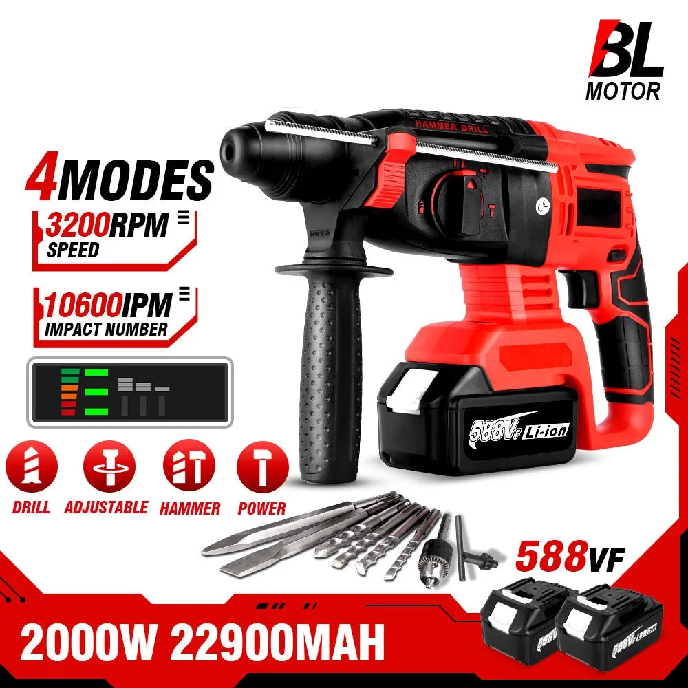 Boorhamer - Breekhamer - BoorMachines - Klopboormachine - Schroefboormachine met Accu - Borstelloze Elektrische Boorhamer - 2000W -   Draadloze Oplaadbare Impactboor met 2 Batterijen en EU-Stekkeraansluiting - met 4 Functies