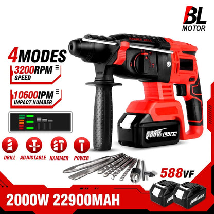 Boorhamer - Breekhamer - BoorMachines - Klopboormachine - Schroefboormachine met Accu - Borstelloze Elektrische Boorhamer - 2000W -   Draadloze Oplaadbare Impactboor met 2 Batterijen en EU-Stekkeraansluiting - met 4 Functies