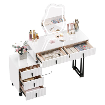 Kaptafel – Make-uptafel – Schminktisch – Dressing Table – Verlichte Kaptafel – Verstelbare LED-Spiegel – 5 Lades – Glanzend Wit MDF