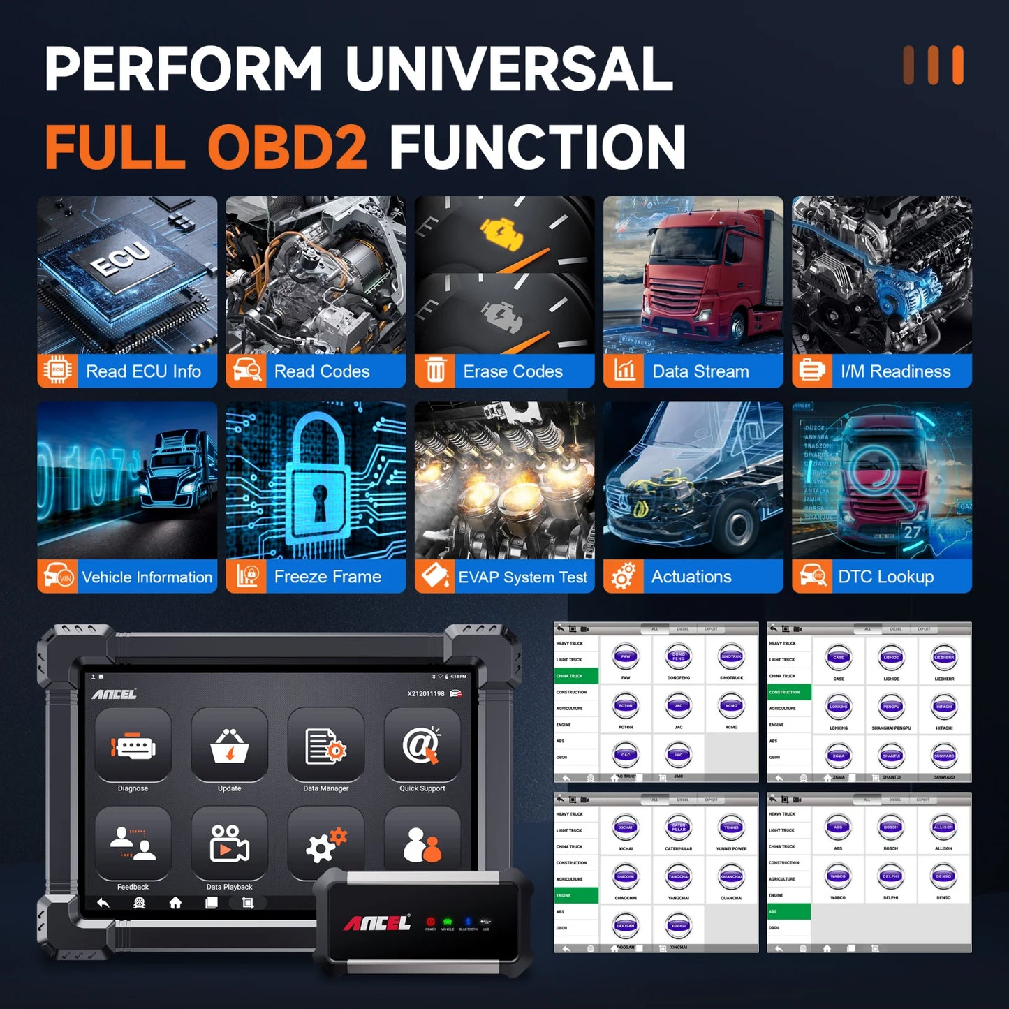 Professionele OBD2 Diagnosetool – Truck Scanner – Auto Diagnostiek – Zware Voertuig Scanner – Bluetooth Connectiviteit – 10,1 Inch Touchscreen – 6000 mAh Batterij