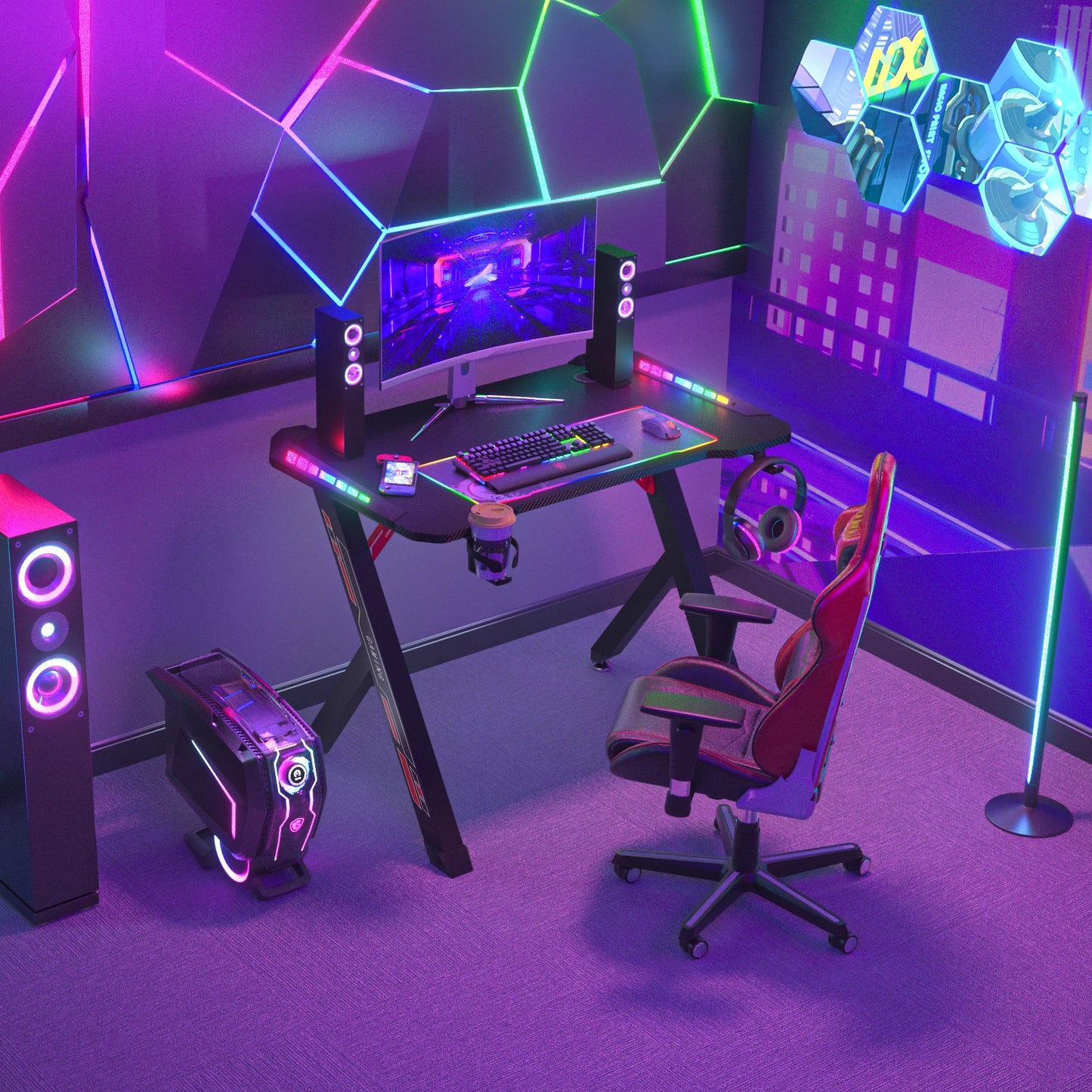 Gaming Bureau - met RGB LED Verlichting - Gaming Tafel - Gaming Desk - Computer Tafel - Computer Bureaua - 100x60x78cm - Metaal & Carbon MDF - Zwart