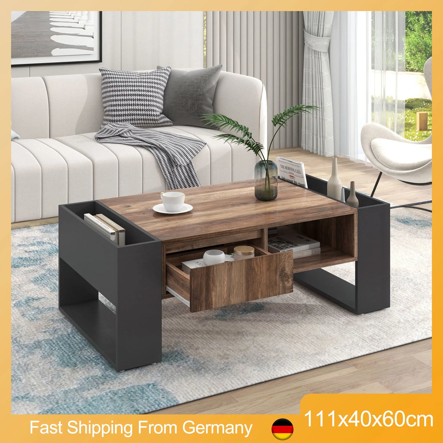 Wood Grain Coffee Table with Handle-Less Drawer with Storage Compartment, Double-Sided Storage Sofa Table for Office Living Room