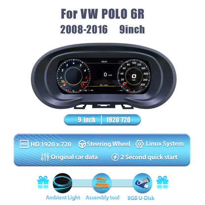 Digitaal Dashboard – Multimedia Display – Cockpit Paneel – Auto Dashboard – Navigatiescherm – 9 Inch HD IPS Scherm – Android 13.0 Systeem – Bluetooth 5.0 & Draadloze CarPlay – 8GB RAM 128GB Opslag – Speciaal Voor VW Polo 6R 2008-2016
