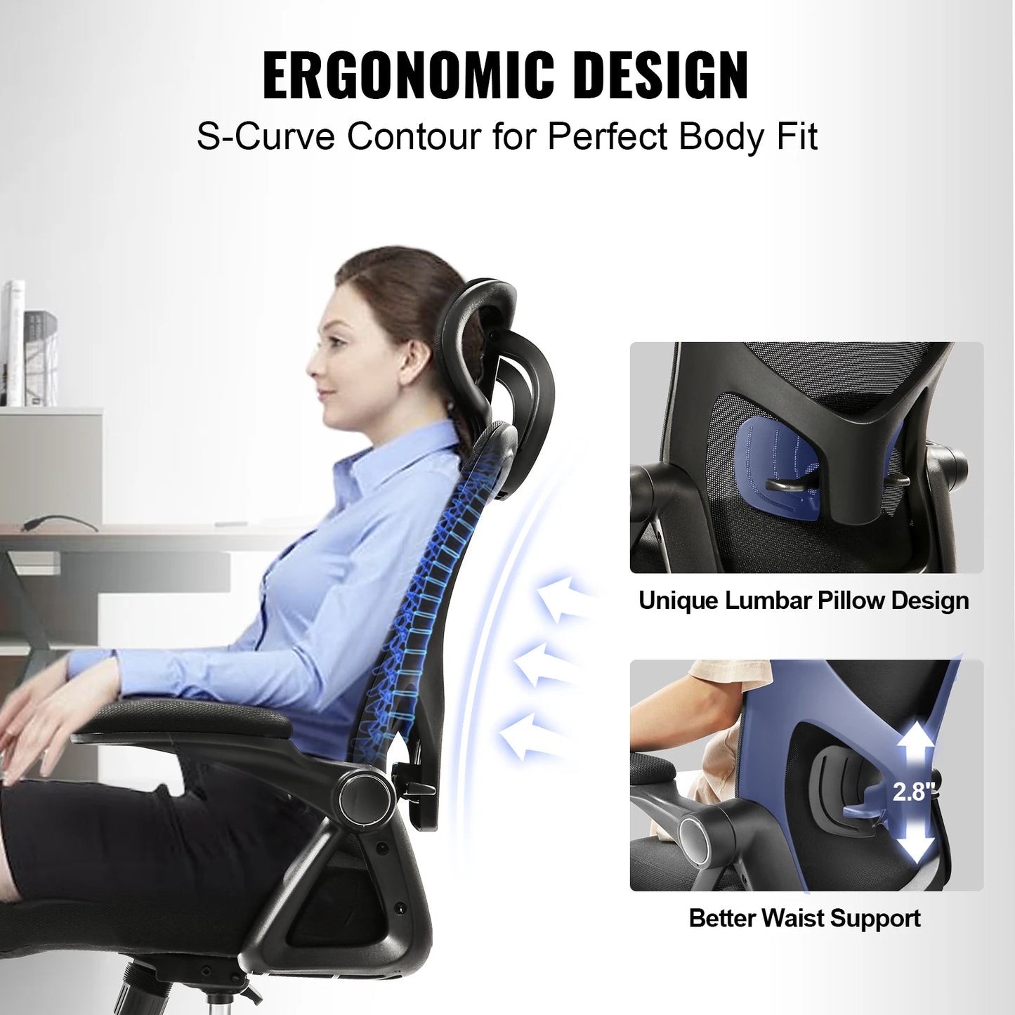 Ergonomische Bureaustoel - Executive Stoel - Gamingstoel - Kantoorstoel - Stoelen - Met Verstelbare Lendensteun - Schuifbare Zitting - In Hoogte Verstelbaar - Lichaamsondersteunende - Met Wieltjes - Mesh-zitmodel