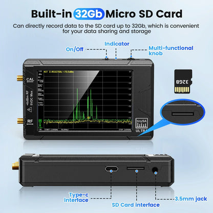 TinySA - Spectrumanalysator - Whadda Educatieve Soldeerkit - Oscilloscoopkit voor PC - Transient recorder - 100KHz - 5.3GHz - 32GB -  320 * 240 pixels - Zwart