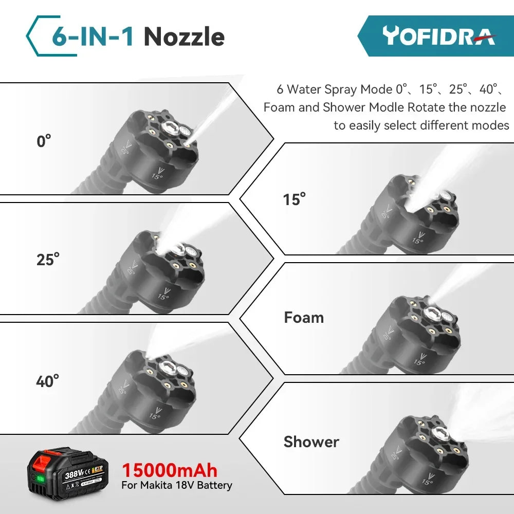 Yofidra - Autowasmachine - Sproeipistool - Koolborstelloos Sproeipistool - 6-in-1 - Hogedruk - Reiniging Tuinberegening - Oplaadbaar Sproeipistool - Zonder Batterij - Groen