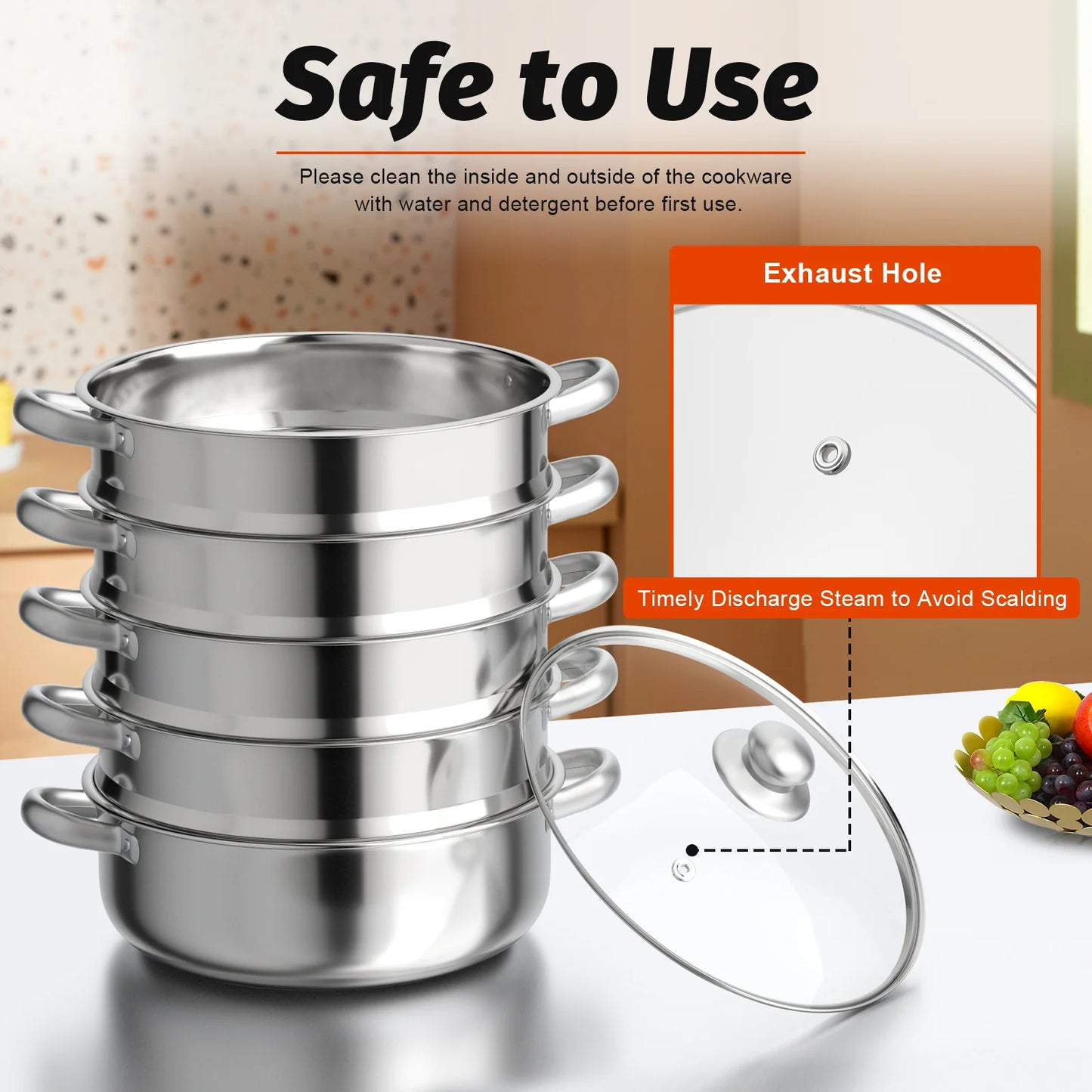 5 Laagse Stoomkoker van Roestvrijstaal – Stapelbare Stomer/Stoompan met Deksel – Diameter 26 cm – Geschikt voor Gezond Koken van Groenten - Vis - Rijst & Dim Sum