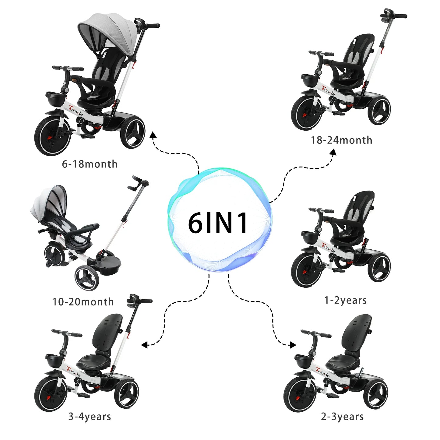 6-in-1 Baby Driewieler - met Duwstang - Driewieler - Kinderen Stuurfiets - Baby Wandelwagen - Verstelbare Zonnekap - Veiligheidsriem - Opvouwbare Pedalen - Verwijderbare Beveiligingsrek