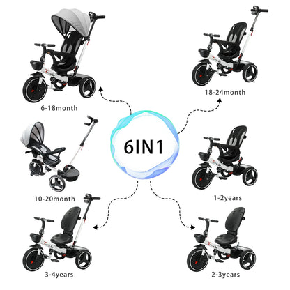 6-in-1 Baby Driewieler - met Duwstang - Driewieler - Kinderen Stuurfiets - Baby Wandelwagen - Verstelbare Zonnekap - Veiligheidsriem - Opvouwbare Pedalen - Verwijderbare Beveiligingsrek