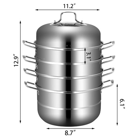 Steamer Pot - Food Steamer - Pot with Lid - 5 Layers - 28CM - Stainless Steel Steamer - For Cooking Food Steamer Set - Suitable for Gas and Electric Grill Stoves - Silver