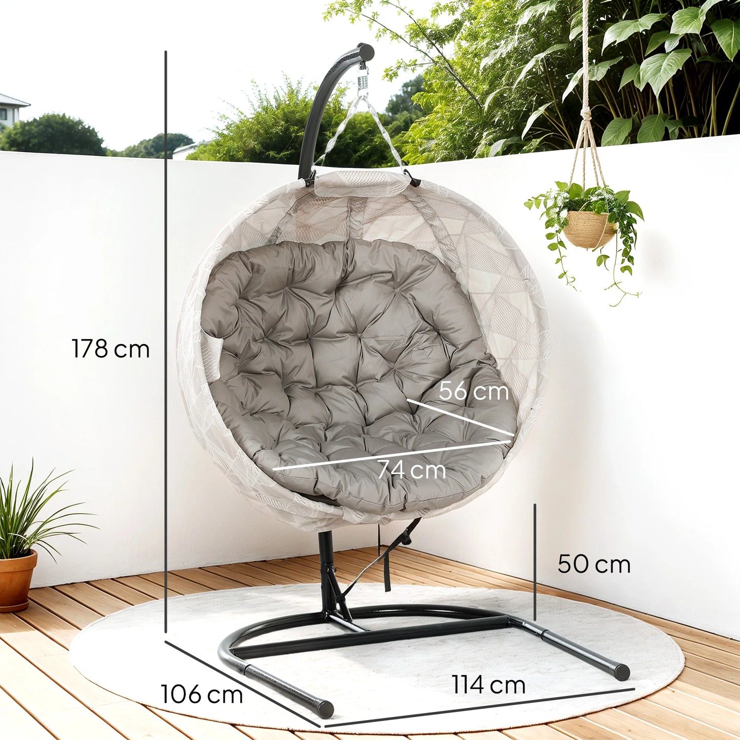Hangstoel in Ei-vorm - Egg Hangstoel - Hangstoel Ei - Tuin Schommelstoel - met Standaard - Opvouwbare Mand - Inclusief Kussen - en Bekerhouder - 106x114x178cm - voor Buiten - Terrasdecoratie - Balkon - Geel