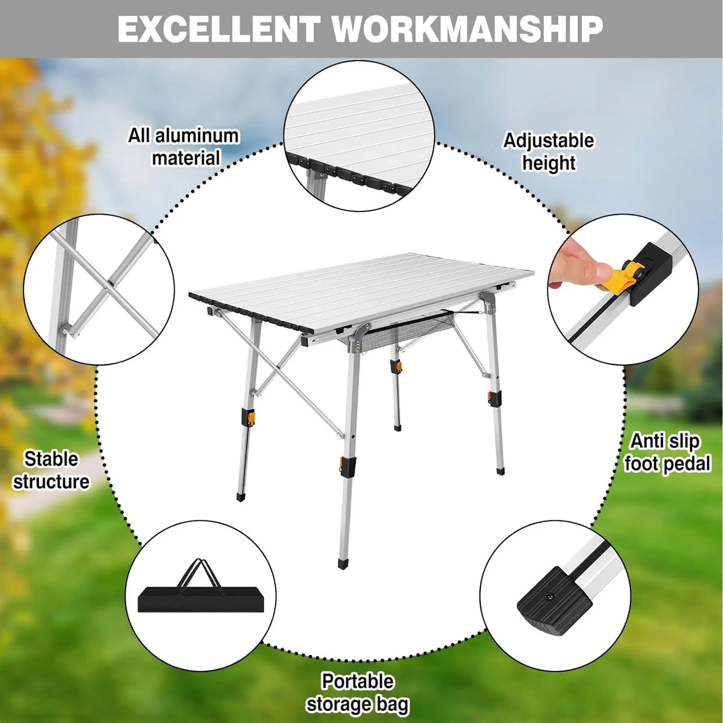 Campingtafel - Opvouwbaar - Picknick - Draagbare - Vouwtafel Buiten - Inklapbare - Aluminium - met Opbergrek - Stalen Frame - Lichtgewicht - Weerbestendig - Tuin - Balkon - 90x53 cm - Wit