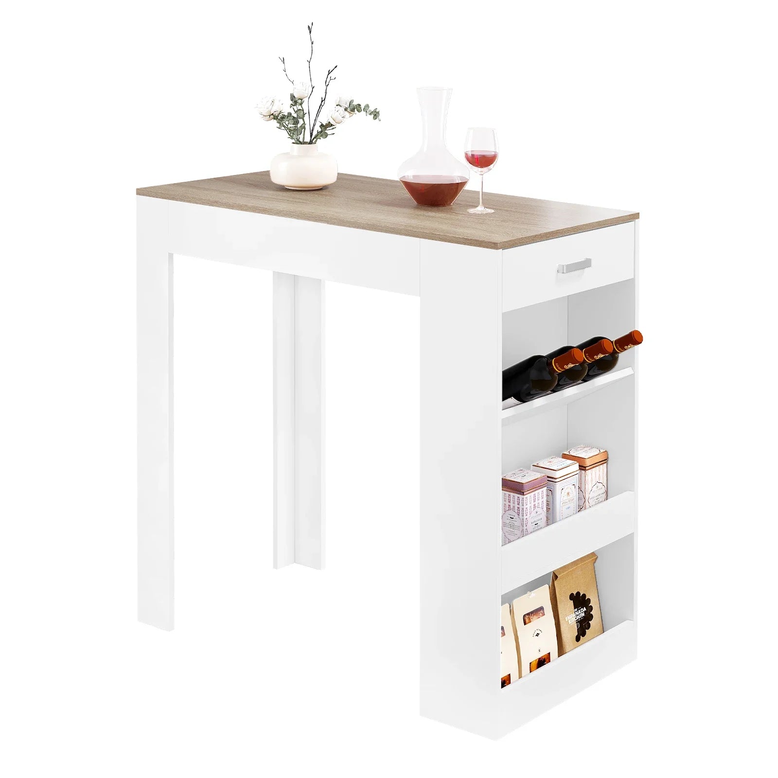 Bartafel - Keukentafel - Bar - Hoge tafel - 1 lade - 3 planken - Hout -  100x100x50cm - Wit - QUORE