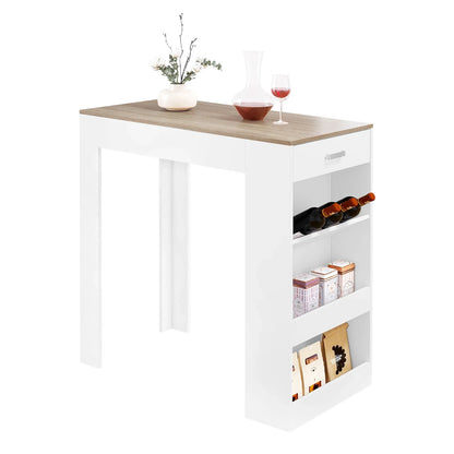 Bartafel - Keukentafel - Bar - Hoge tafel - 1 lade - 3 planken - Hout -  100x100x50cm - Wit - QUORE