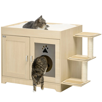 Kattenbakhuisje – Kattenbak Kast – Kattenhuis – Kattenmeubel – Kattenbak Omsluiting – Luxe Pluche Bekleding – Afmetingen 107x54x70 cm - Eik