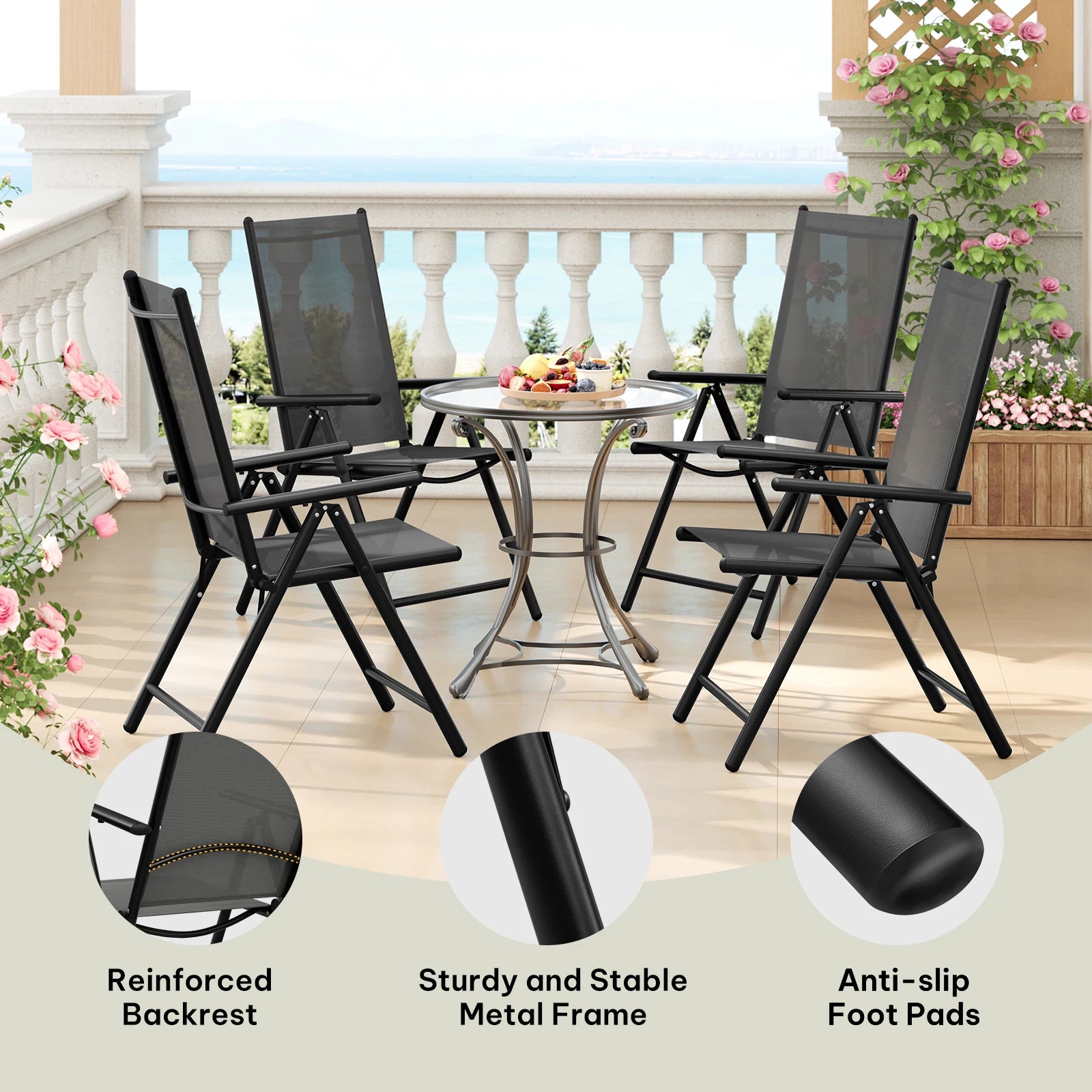 Opvouwbare Tuinstoelen Set van 4 – Inklapbare Stoelen met 7 Standen – Verstelbare Buitenkstoelen – Zwart – 150 kg Draagvermogen – 48x67x84 cm - QUORE