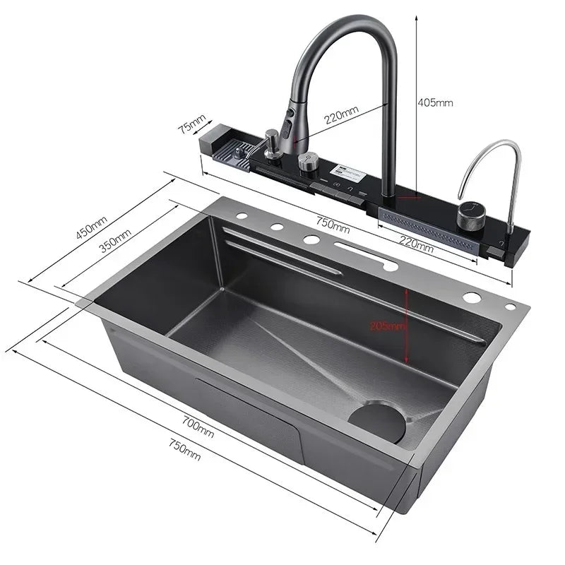 Keukenkraan – Spoelbak – Mengkraan – Digitale Kraan – Ingebouwde Zeeppomp – RVS 304 – 75x46 cm – Diepe Enkele Kuip
