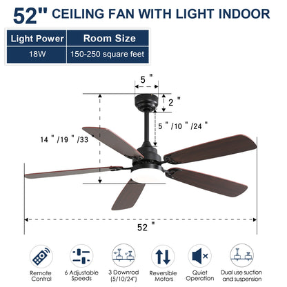 Plafondventilator – Plafondventilator Met Licht – Ventilator Met Led – Stille Ventilator – 52 Inch – 6 Snelheidsstanden – Omkeerfunctie