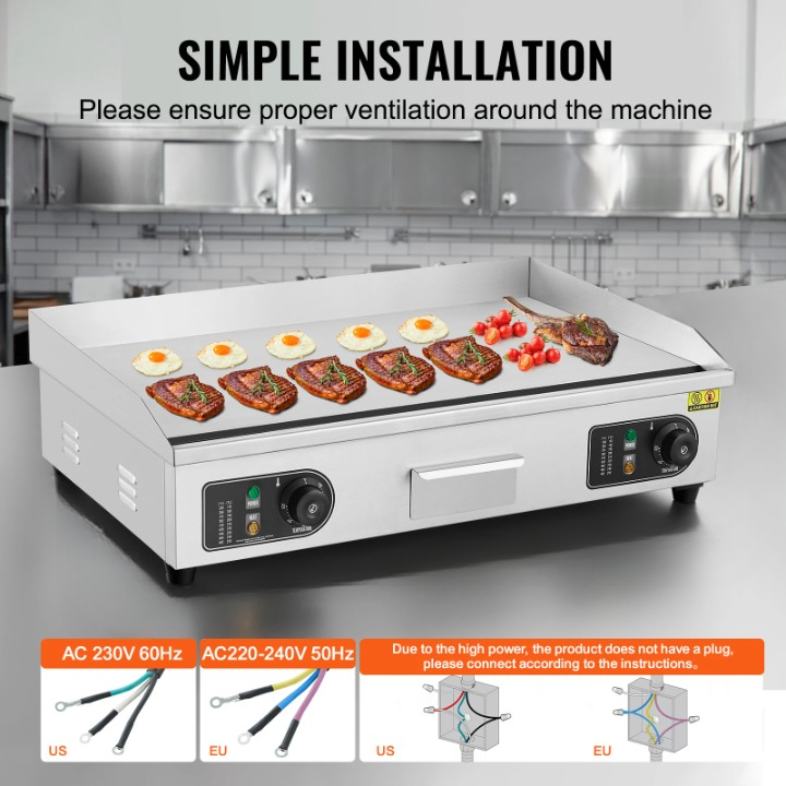 Elektrische Grillplaat - Grillplaat - Teppanyaki Grill - voor Horeca - Thuisgebruik - Ruim Bakoppervlak - 50-300°C Temperatuurregeling - AC 220-240V - 50Hz - 2800W - 18 inch - RVS - Zilver