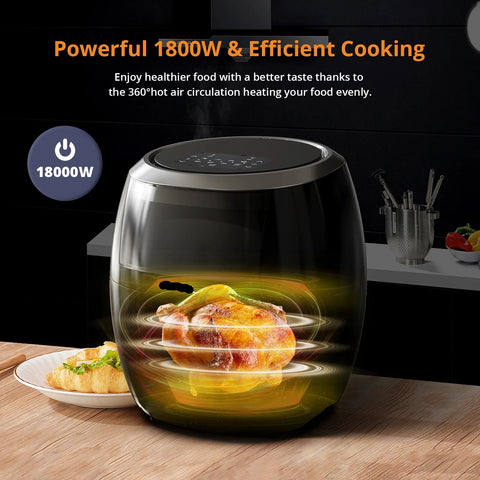 Digital Airfryer - PFAS free - Hot air fryer - Black - Digital screen - 8 presets - Including height-adjustable grill rack - Oil-free hob - with viewing window - 8QT Airfryer - Dishwasher safe
