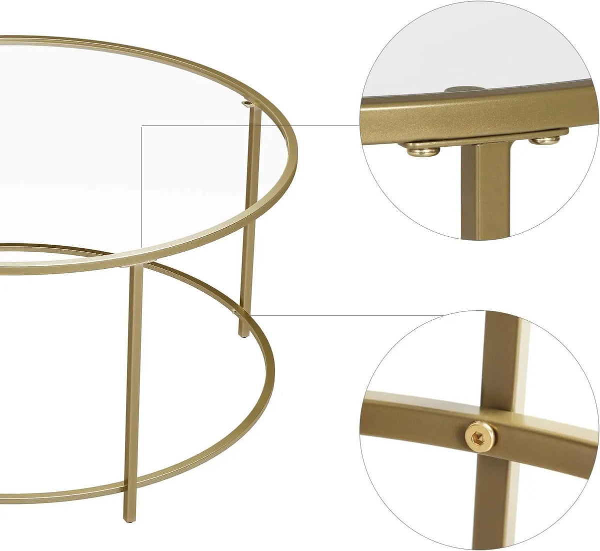 Ronde Salontafel - Glazen Tafelblad met Gouden IJzeren Frame - Robuuste Koffietafel - Modern Retro Design - Woonkamer Accessoire - Goud - QUORE