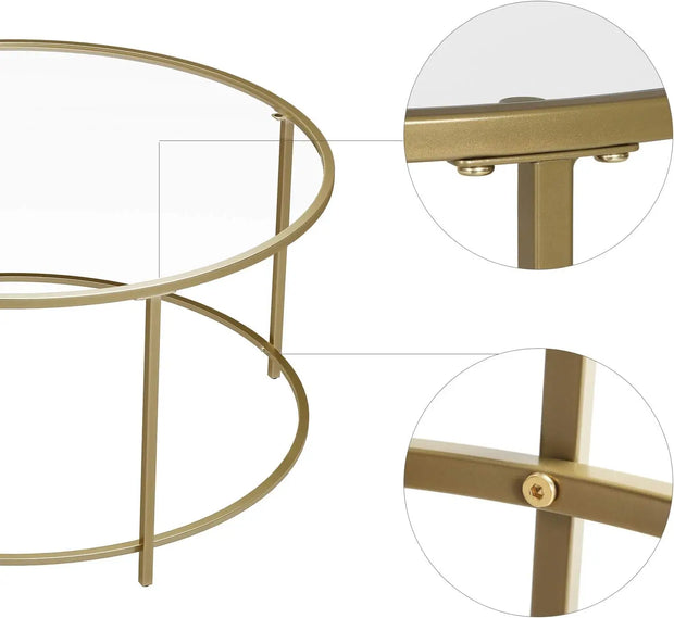 Ronde Salontafel - Glazen Tafelblad met Gouden IJzeren Frame - Robuuste Koffietafel - Modern Retro Design - Woonkamer Accessoire - Goud