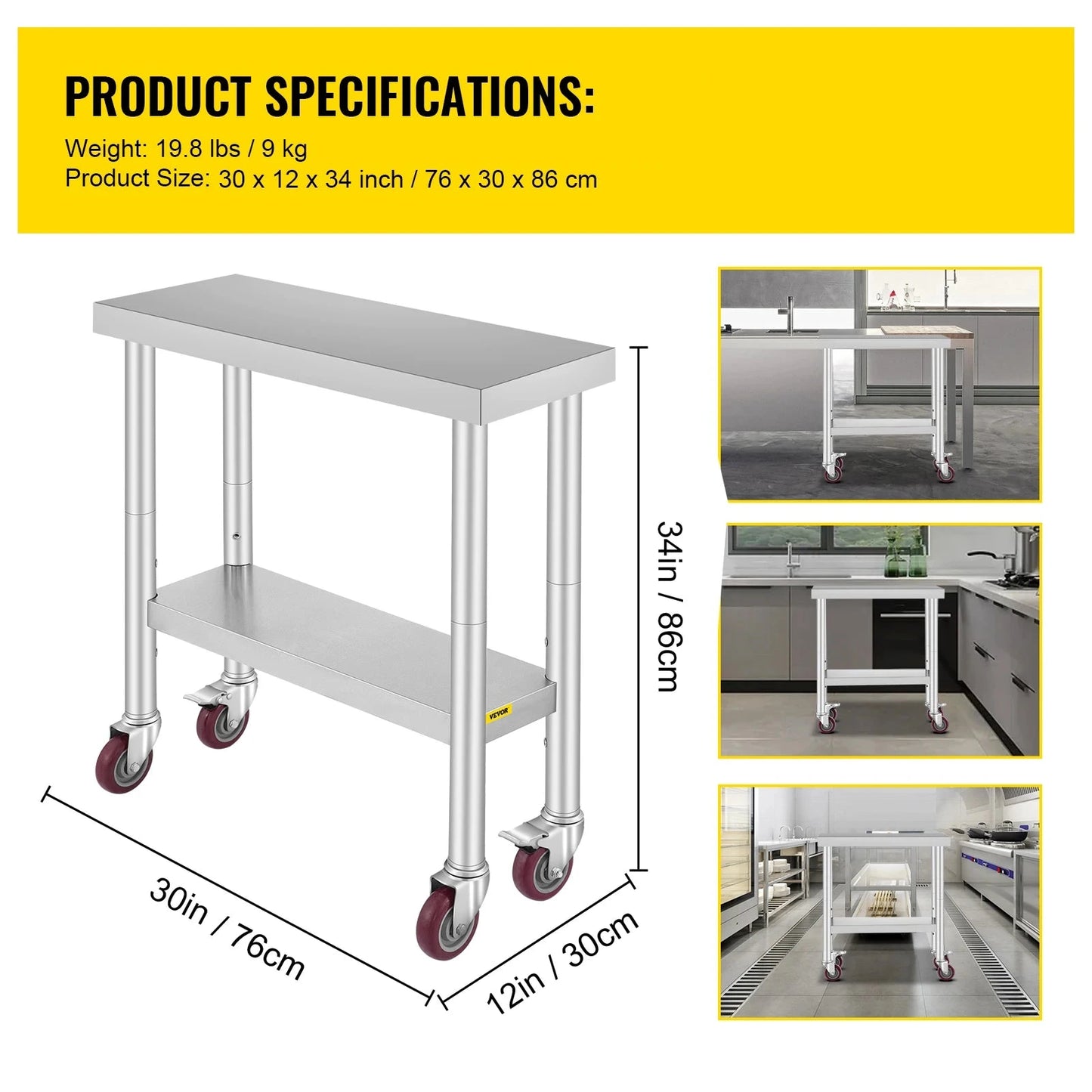 Roestvrijstalen Werktafel - Keukentrolley - Keukeneiland - Serveerwagen - Keuken Werktafel - Kookeiland - Verstelbare Legplank - met Wielen - voor Restaurant - Garage - Opslag - Keuken - 30 x 12 Inch