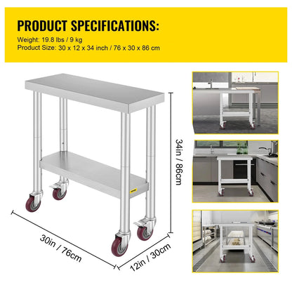 Roestvrijstalen Werktafel - Keukentrolley - Keukeneiland - Serveerwagen - Keuken Werktafel - Kookeiland - Verstelbare Legplank - met Wielen - voor Restaurant - Garage - Opslag - Keuken - 30 x 12 Inch