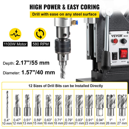 Drill Machine - Magnetic Core Drill Machine - Magnetic Drill Machine - Electric Magnetic Drill Machine - 1100W 1.57” Bore Diameter, 2697lbf/12000N Portable Electric - with 7 Bits, 580RPM Max Speed