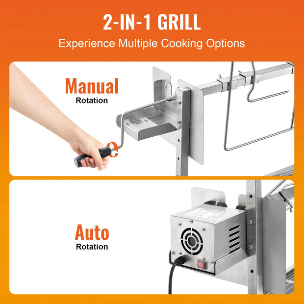 Electric BBQ Rotisserie Grill Kit - Grill Rotisserie Kit - 4RPM - Elektrische BBQ met Motor - RVS Automatische Grillset - Zeskantige Spitstang - Roestvrijstalen - 35inch met bord - BBQ heel Lamsvlees & Geit - Zilver