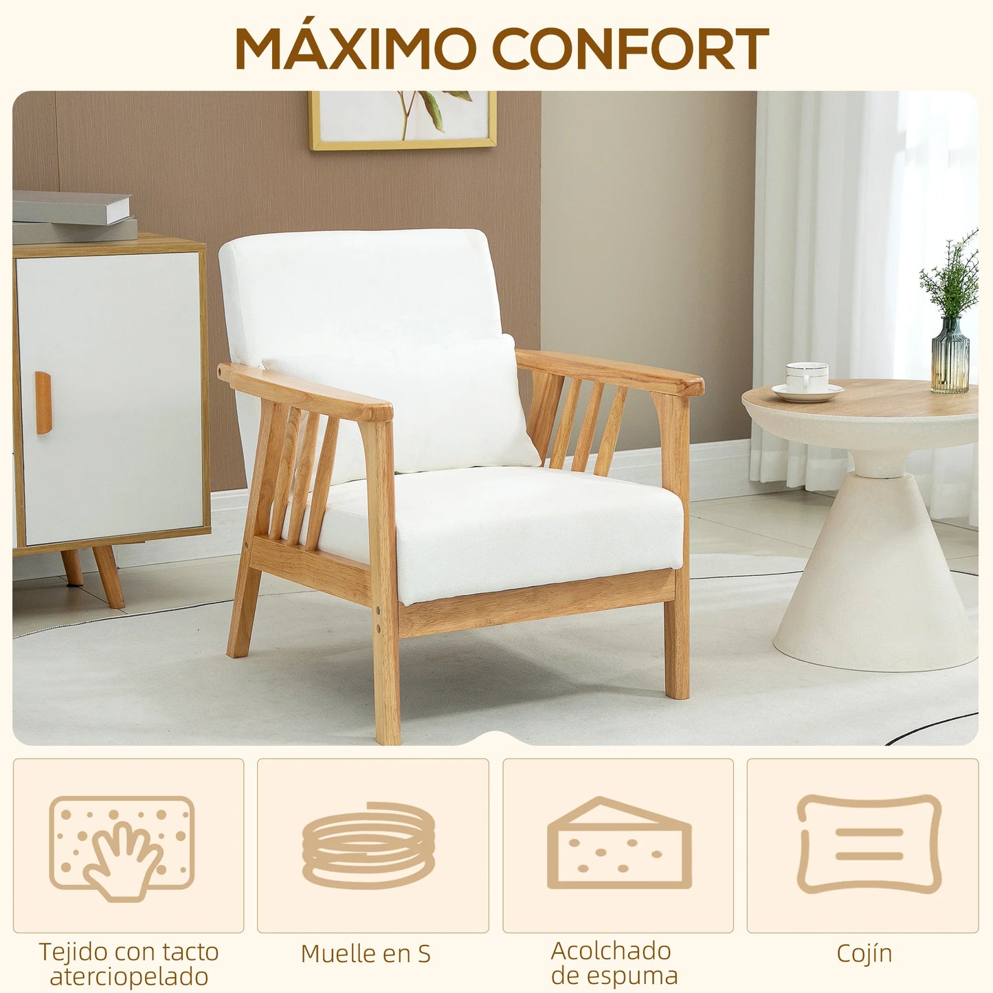 Velvet Fauteuil – Fluwelen Stoel – Velours Zetel – Luxe Lounge Chair – Comfortabele Armstoel – Zacht Velvet Bekleed – Stevig Rubberhout Frame – Inclusief Los Kussen - 68 x 75 x 78 cm - Wit