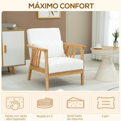 Velvet Fauteuil – Fluwelen Stoel – Velours Zetel – Luxe Lounge Chair – Comfortabele Armstoel – Zacht Velvet Bekleed – Stevig Rubberhout Frame – Inclusief Los Kussen - 68 x 75 x 78 cm - Wit