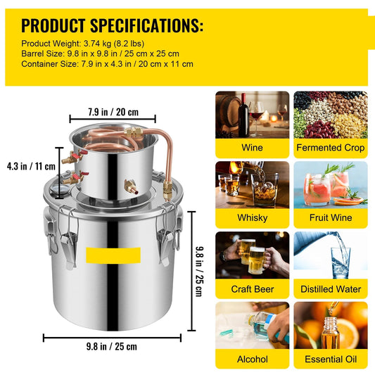Roestvrijstalen Alcohol Distilleerapparaat - Destilleerapparaat Etherische Olie - Destilleerketel - 3 Gal - voor Moonshine, Water & Essentiële Oliën