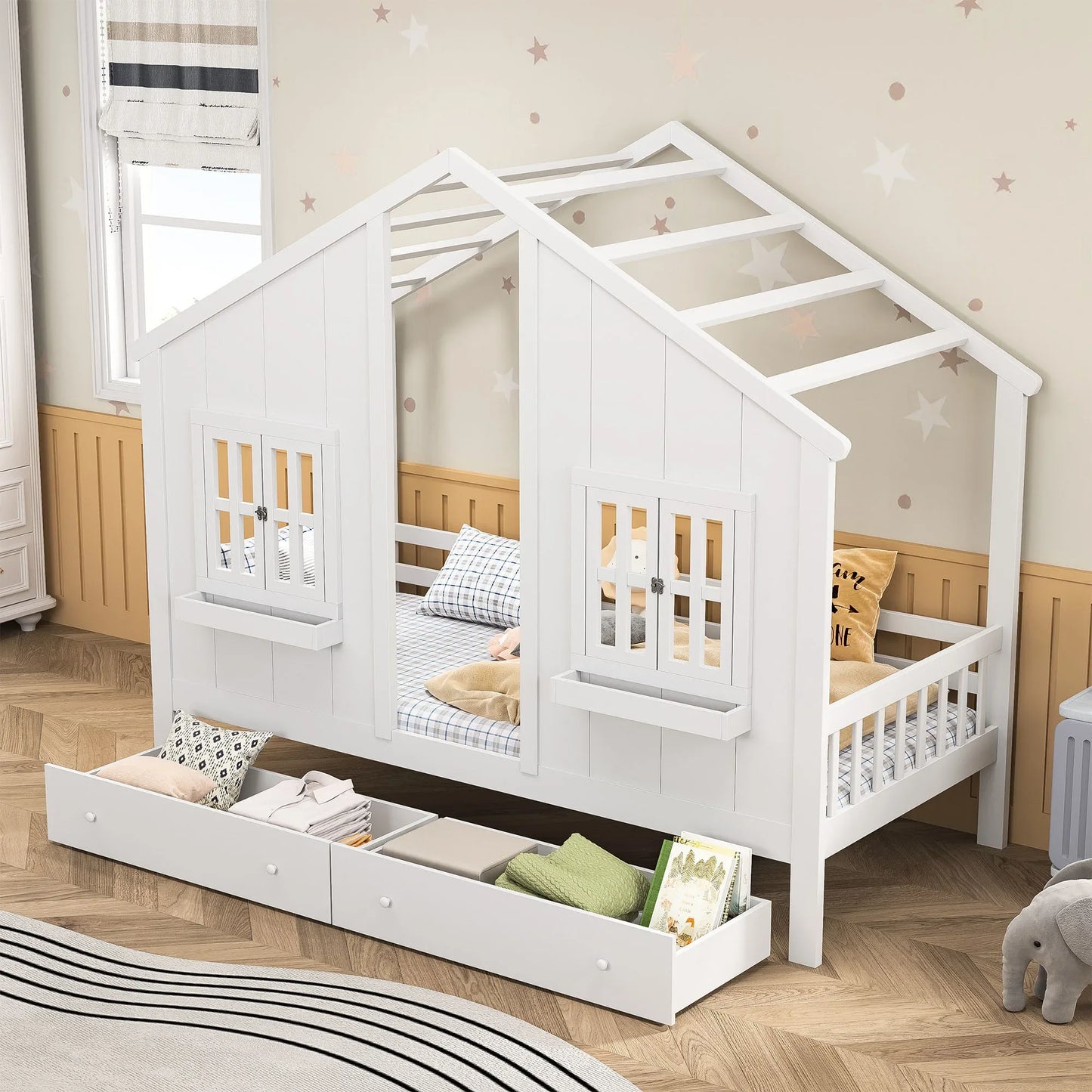 Kinderbed – Huisbed – Bedhuisje – Kinderbed Met Opberglade – Grenenhout – 90x200 Cm Matrasmaat