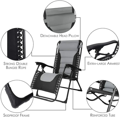 Verstelbare Ligbed met Kussen - Ligstoel - Tuinstoel - Campingstoel - Strandstoel - Lounger - Ondersteunt 160kg - Opvouwbaar - Padded Zero Gravity Lounge Stoelen - Set van 2 Ligstoelen - Grijs