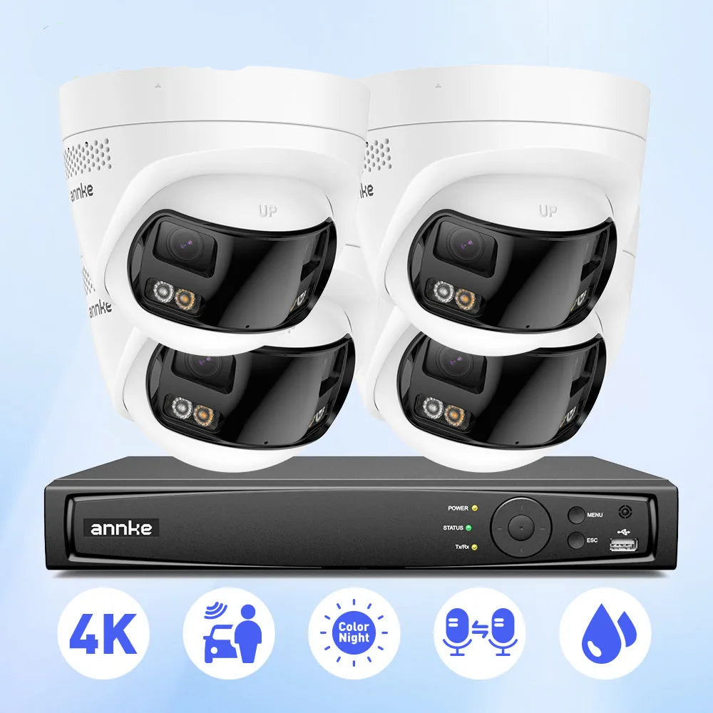 4K Bewakingsset – Beveiligingscamera – CCTV Camera – IP Camera – Surveillance Kit – 4 Stuks Dual Lens – 2TB Opslag – 180° Panoramisch Uitzicht – AI Menselijke Detectie - QUORE