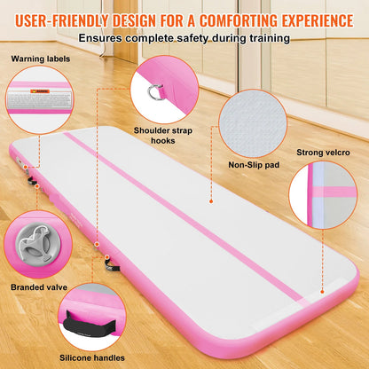 Gymnastiekmat - Opblaasbare - Turnmat - Dikke Tumbling Mat - met Elektrische Pomp - Voor Thuis - Gym & Training - Hoogwaardig PVC-materiaal - Ergonomische Handgreep - en Schouderband - 10ftx3.3ftx4inch - Roze