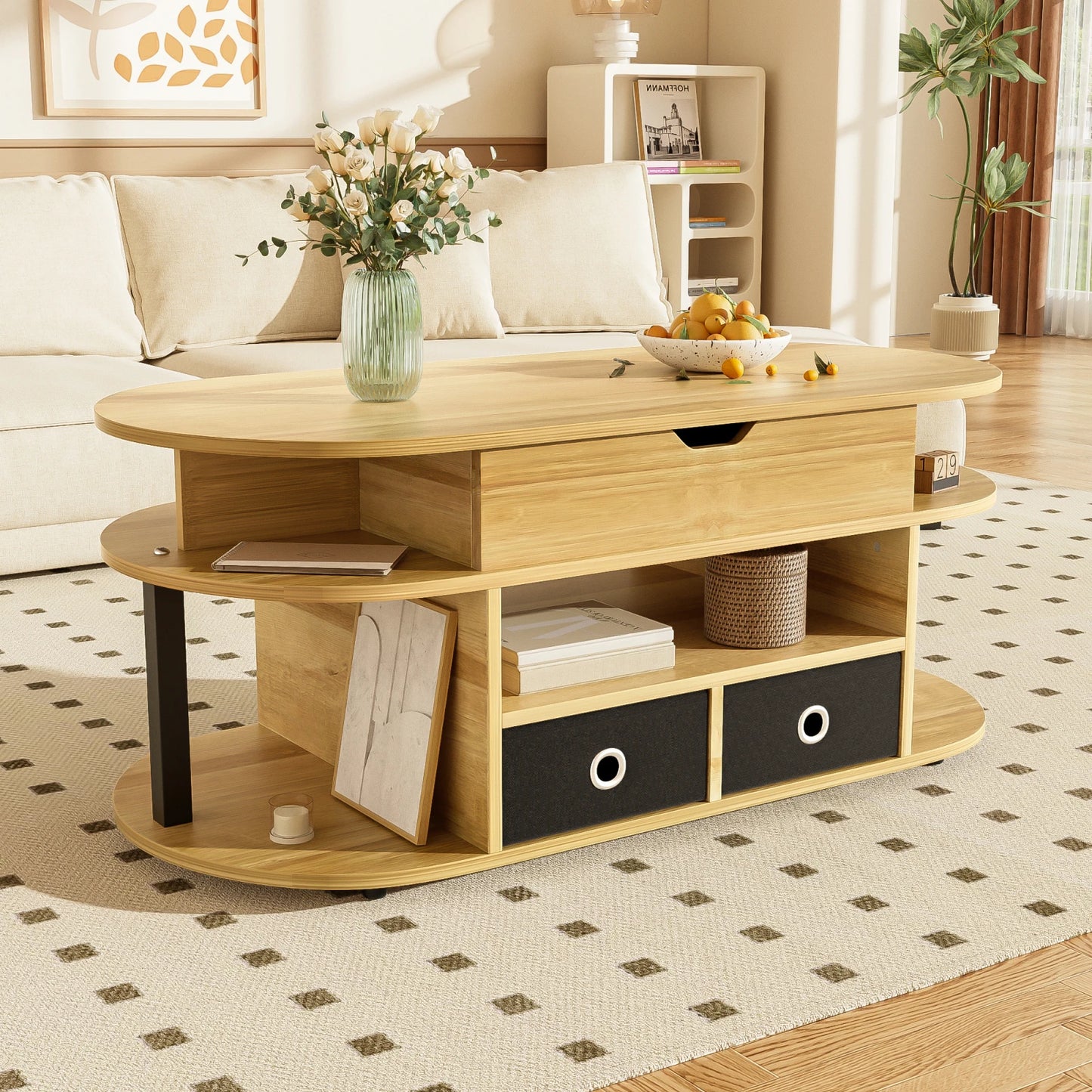 Comanlai 105cm Modern Coffee Table with Lifting Storage Space,2 Black Fabric Drawers and Open storage space,105×50×45cm