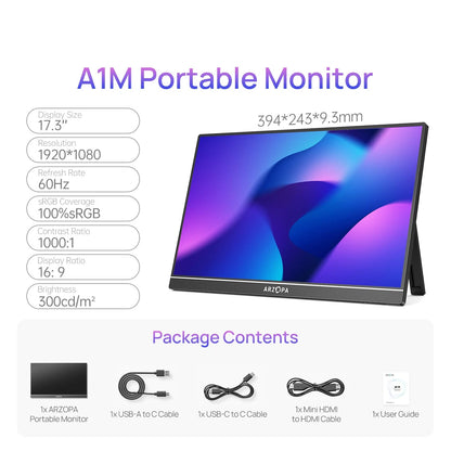 Portable Monitor – Draagbaar Beeldscherm – Extern Scherm – Laptop Scherm – USB-C Monitor – 17,3 Inch Full HD – HDR10 & IPS Scherm – Ingebouwde Speakers – Kickstand