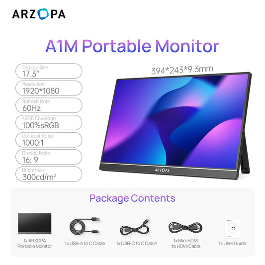 Draagbare Monitor – Extern Scherm – Mobiel Beeldscherm – Laptop Uitbreiding – 17,3 Inch Full HD – IPS Scherm – USB-C & Mini HDMI Aansluiting