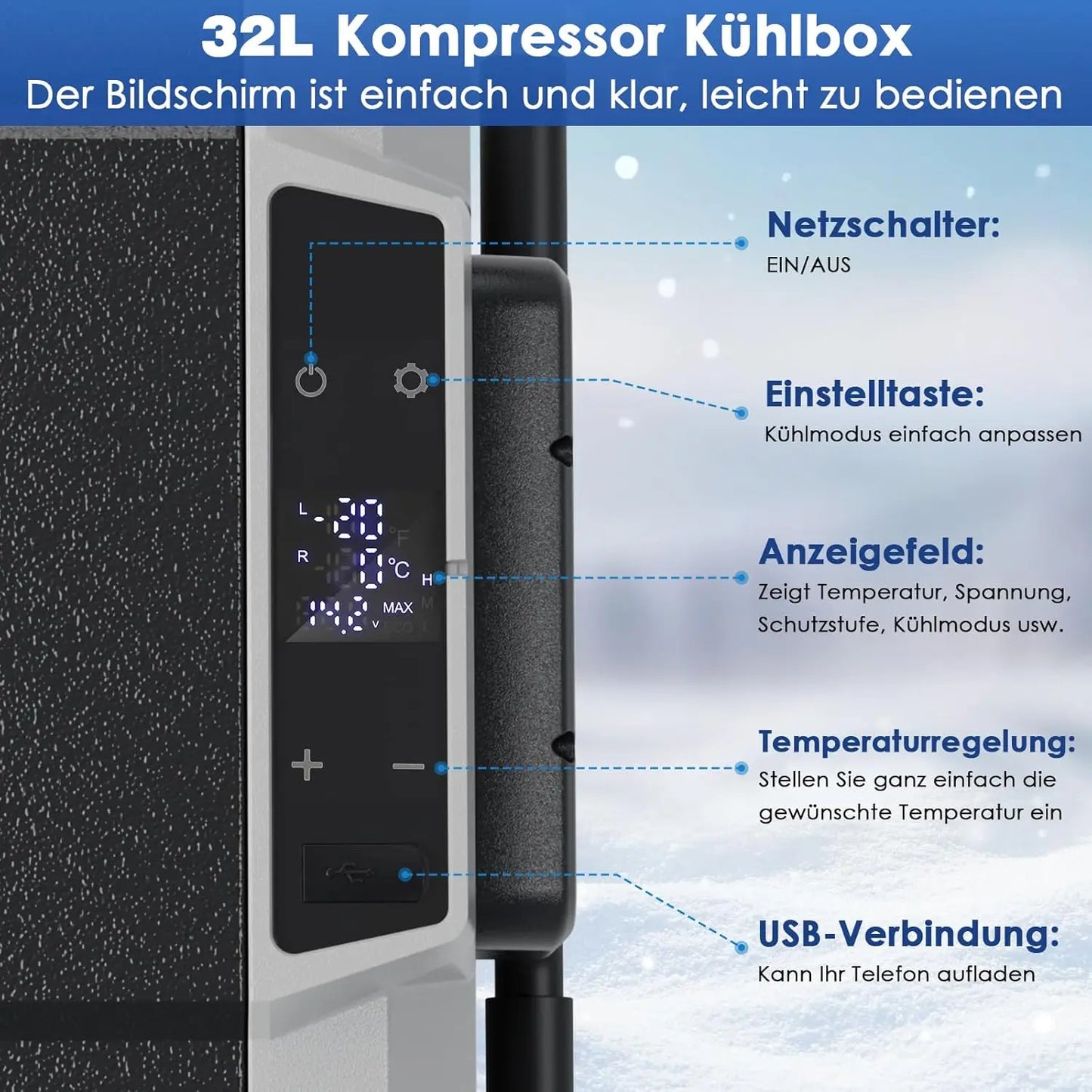 Koelbox – Draagbare Koelbox – Autokoelbox – Camping Koelbox – 32 Liter – Temperatuurbereik -20°C Tot +20°C – Stil Geluid Minder Dan 45 dB - QUORE