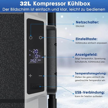 Koelbox – Draagbare Koelbox – Autokoelbox – Camping Koelbox – 32 Liter – Temperatuurbereik -20°C Tot +20°C – Stil Geluid Minder Dan 45 dB - QUORE