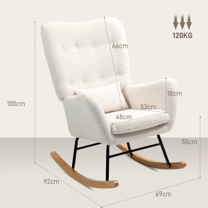 Schommelstoel – Relaxstoel – Schommelstoel Voor Binnen – Lounge Stoel – Teddy Stof – Verstelbare Schommelhoek – Metalen Frame - 69 x 92 x 100 cm - Crèmewit