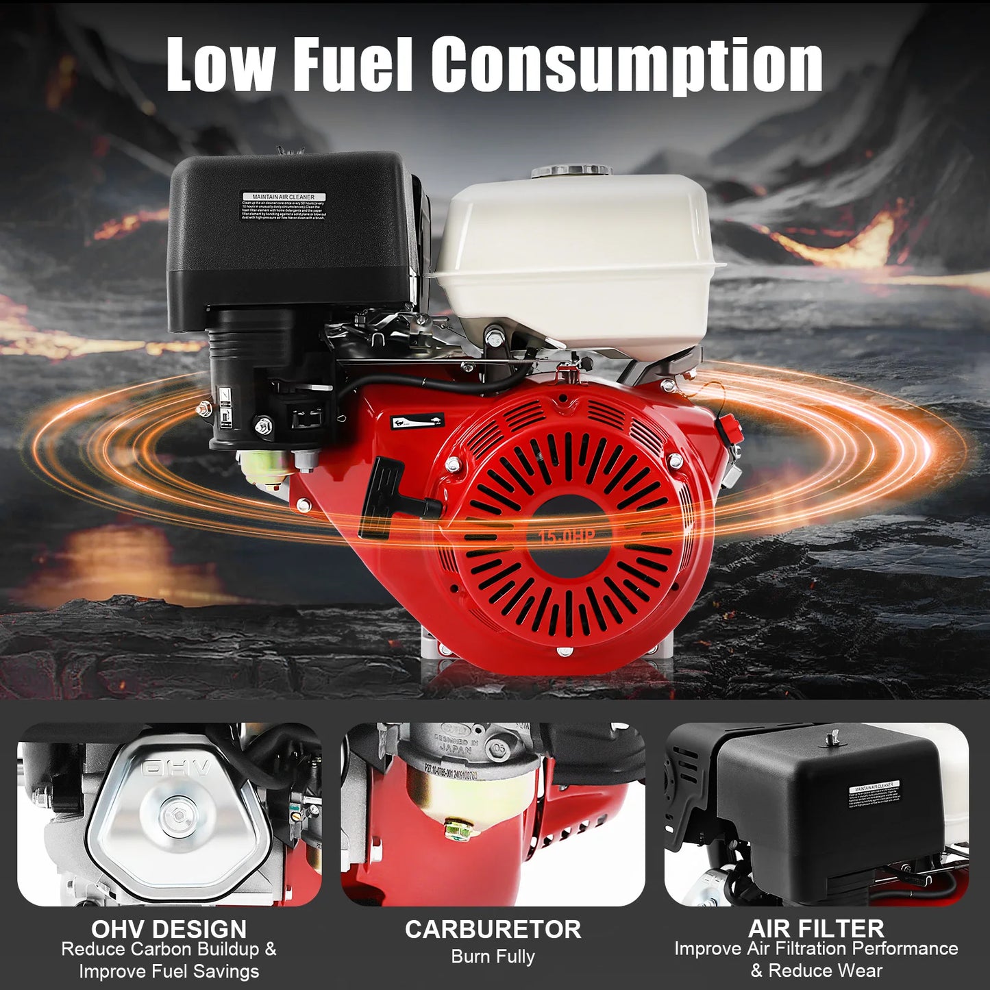 Benzinemotor – 4-Takt Motor – 15PK Motor – 420cc Motor – Luchtgekoeld – 6,5 Liter Brandstoftank – Trekstarter